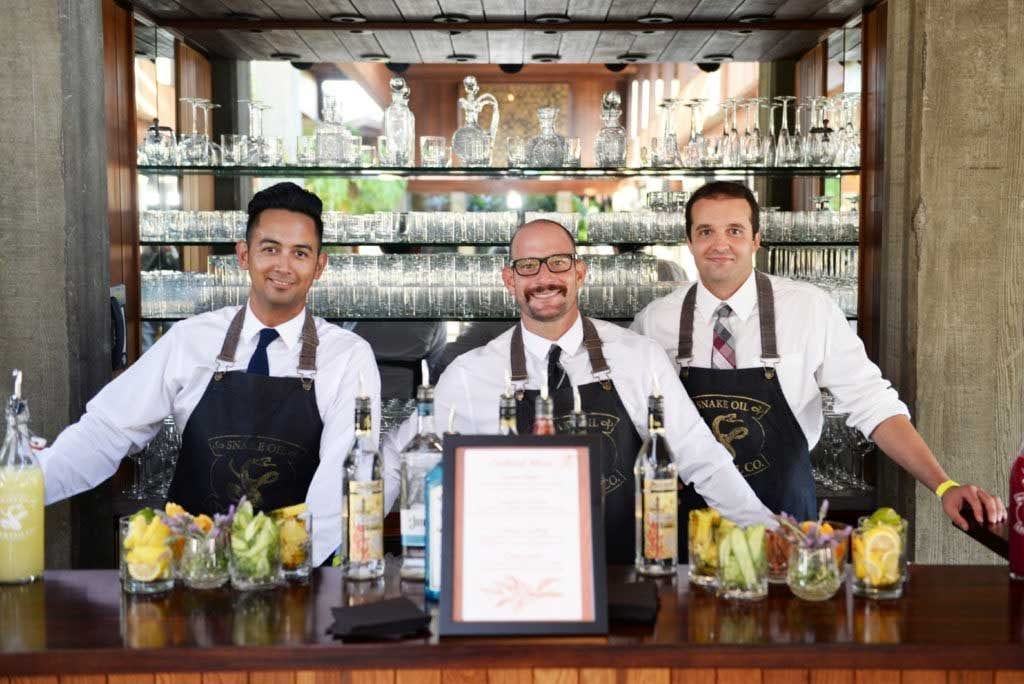 Three Snake Oil bartenders behind the bar at the Starry, Starry Night gala 2017 smiling